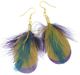 Teal Gold Purple Feather Earrings