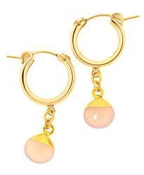 Gold Huggie Hoops with Cap Pink Chalcedony Earrings