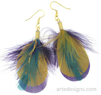 Teal Gold Purple Feather Earrings
