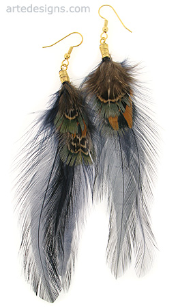 Dark Blue Green Brown Feather Earrings
