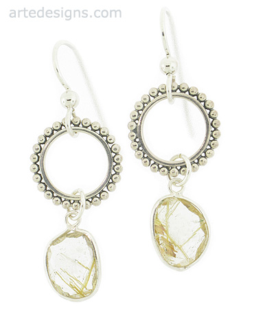 Golden Rutilated Quartz Textured Circle Earrings

