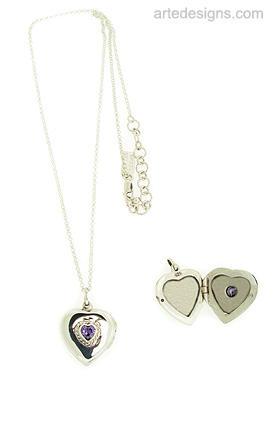 Amethyst Heart Locket Pendant in Sterling Silver with Chain
