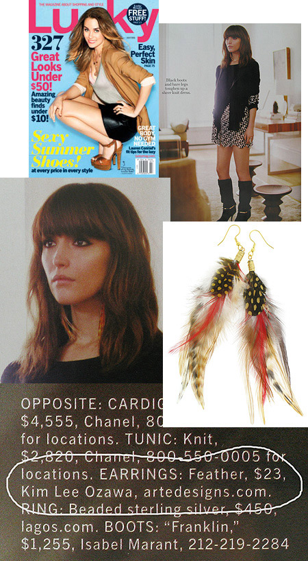 Kim Lee Ozawa's Feather Earrings featured in Lucky Magazine July 2011 on Rose Byrne