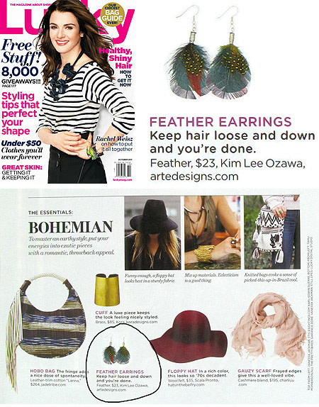 Kim Lee Ozawa's Feather Earrings featured in Lucky Magazine October 2011