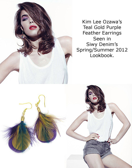 Teal Gold Purple Feather Earrings by Kim Lee Ozawa